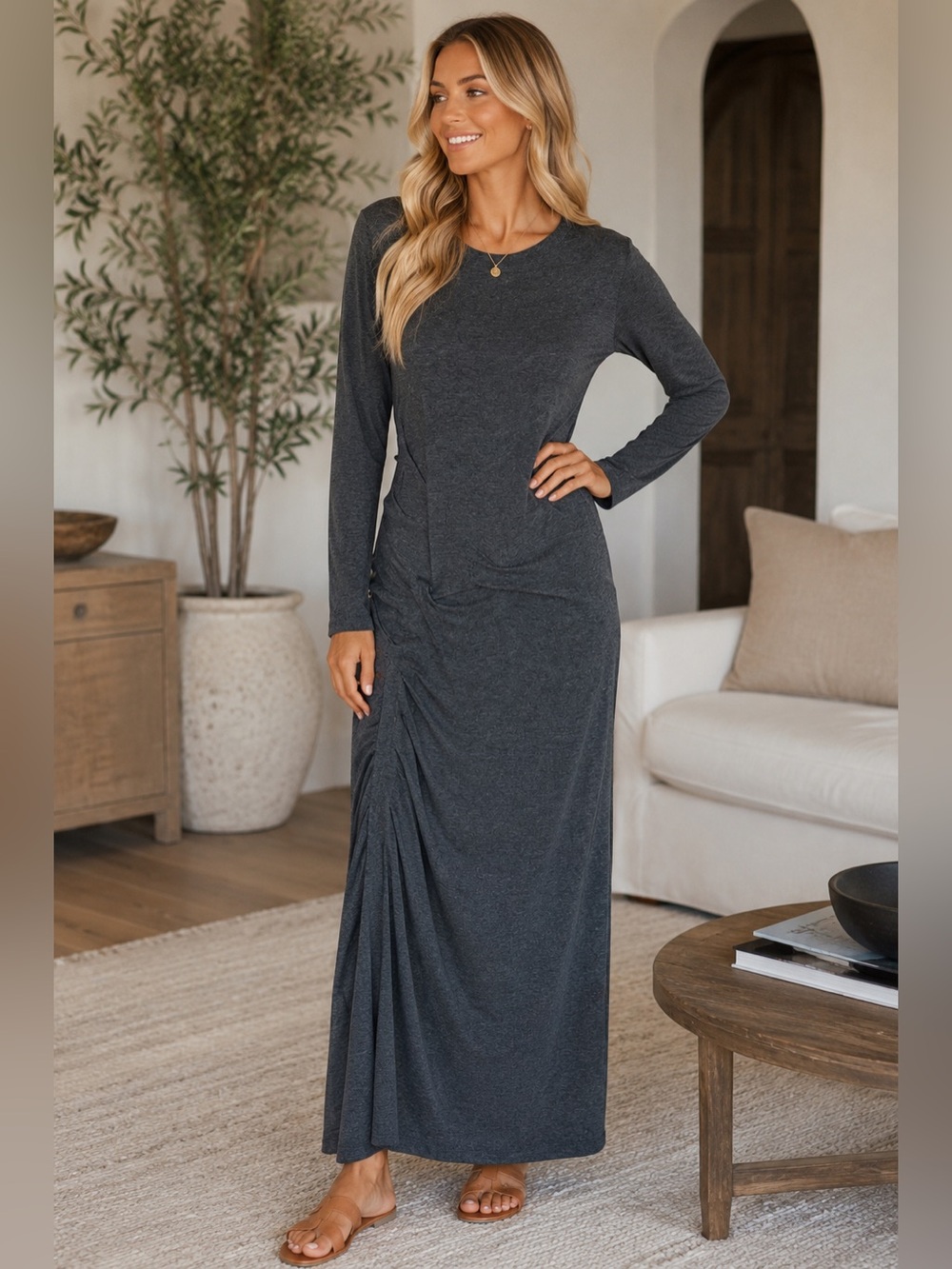 Veronique Miljkovitch Bamboo Maxi Dress M L Gray Ruched Draped Long Sleeve Boho